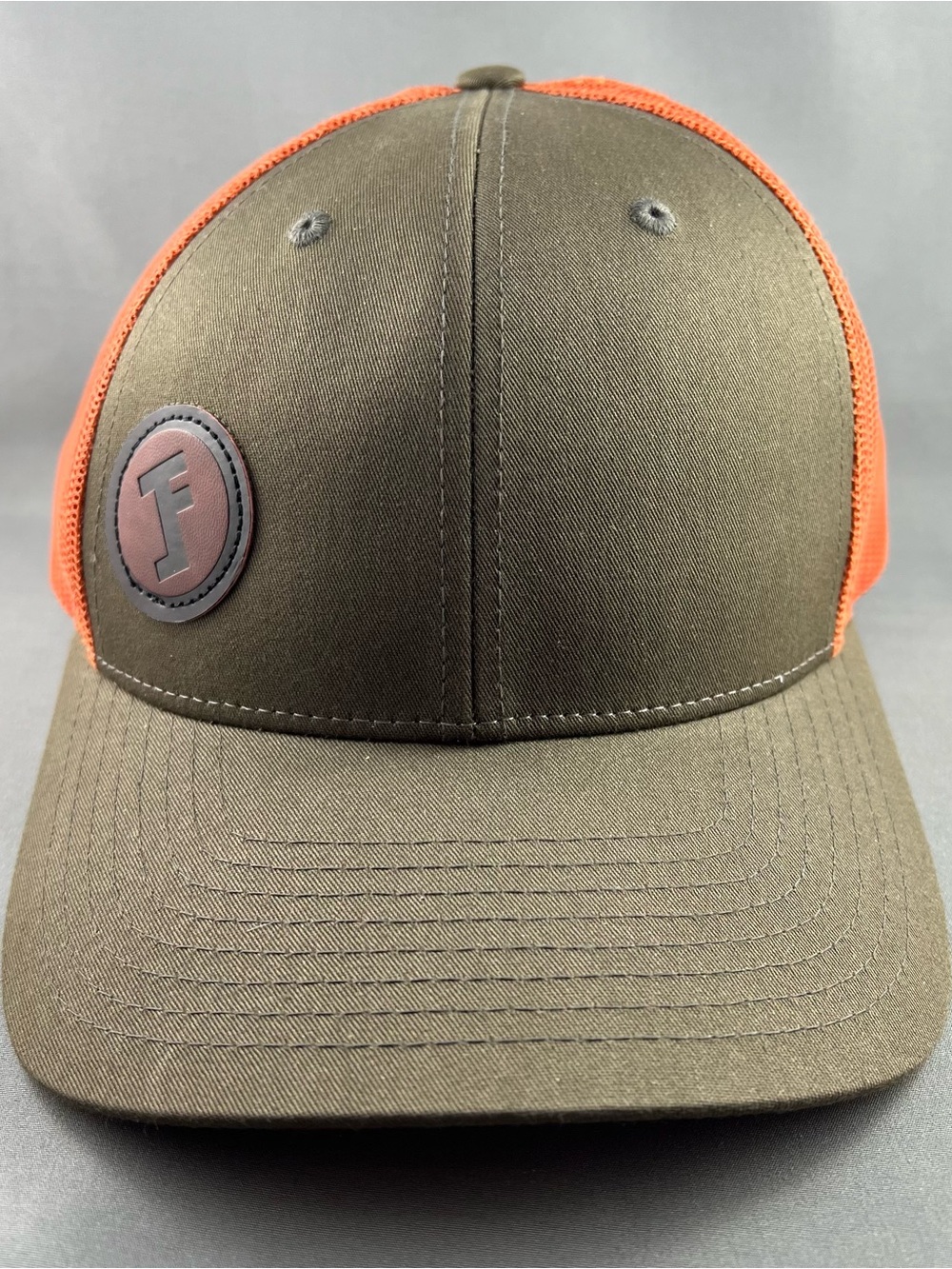Mesh Back Brown and Orange Trucker Cap with Raised Emblem